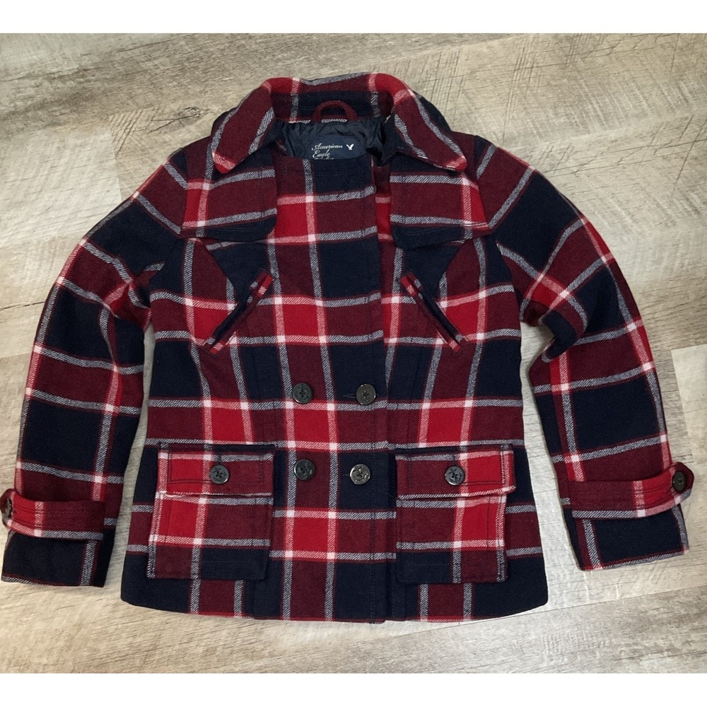 American Eagle Wool Blend Plaid Barn Jacket Pea Coat Women L Blue Red White